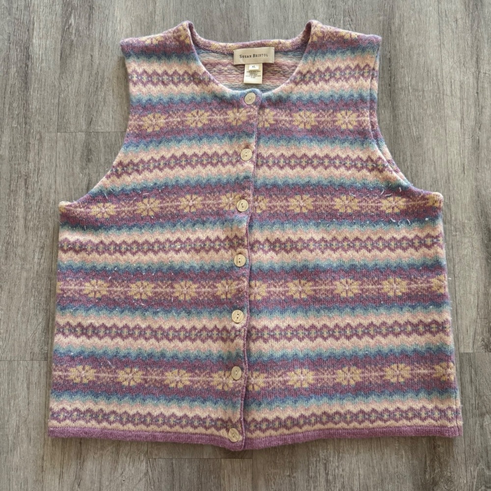 Susan Bristol Vintage Fair Isle Lambswool Sweater Vest Purple XL SB164